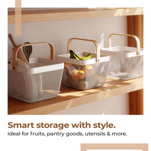 Image of Lifelong Fruit Basket for Dining Table & Kitchen Storage| Mesh Open Storage Bin| Fruit & Vegetable Basket - Countertop Storage Organizer for Onion Potato - Basket for Storage, Square, White
