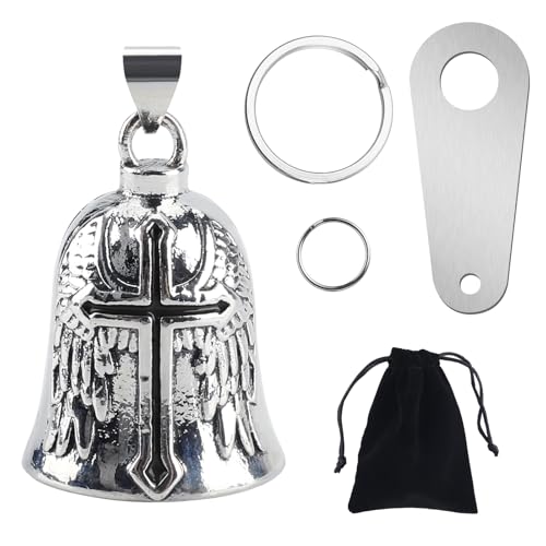 vvag Motorcycle Bell Guardian Angel, Good Luck Biker Bell with Bells Hanger 2 Key Chain Rings and Organizer Bag