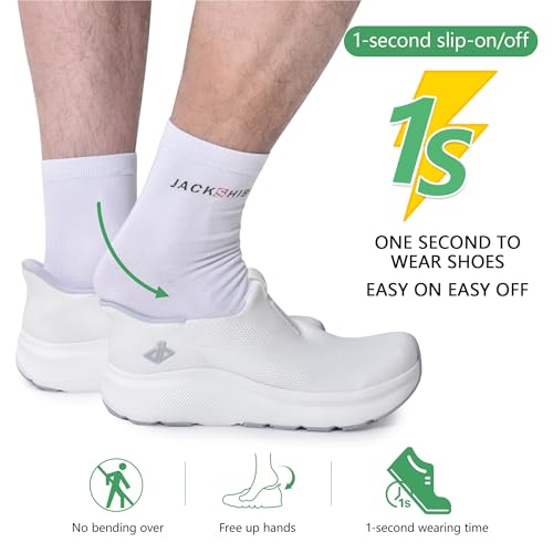 JACKSHIBO Mens Slip Ins Free up Hands Shoes Wide Toe Box Arch Support Orthopedic Walking Sneakers Cushioned Thick Zero Drop Sole Metatarsal Pads White Size 12