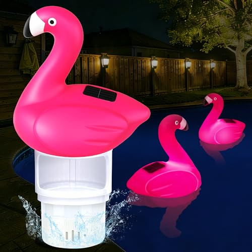 Luxfero Diffuseur Chlore Piscine avec Lumière,Flamant Distributeur de Chlore Flottant Solaire,Flotteur Chlore Piscine Grande Capacité Diffuseur Chlore pour Piscine Réglable,Distributeur Chlore Piscine