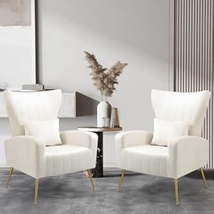X VOLSPORT Velvet Accent Chairs Set of 2 Mid Century Modern High Back Living Room Chair with Waist Pillow Upholstered Arm Chair with Metal Gold Legs for Bedroom Club White
