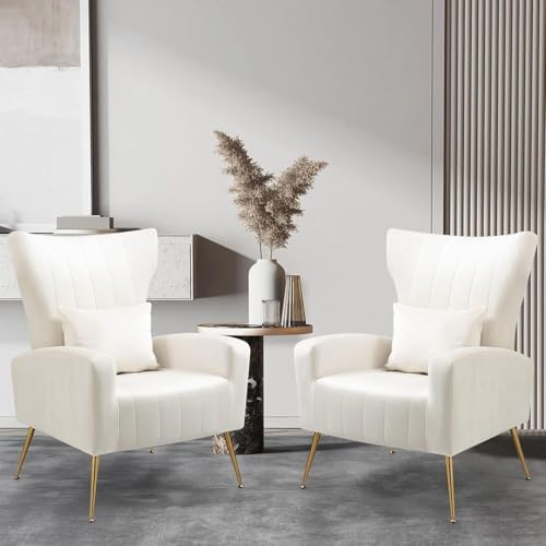 X-VOLSPORT-Velvet-Accent-Chairs-Set-of-2-Mid-Century-Modern-High-Back-Living-Room-Chair-with-Waist-Pillow-Upholstered-Arm-Chair-with-Metal-Gold-Legs-for-Bedroom-Club-White X VOLSPORT Velvet Accent Chairs Set of 2 Mid Century Modern High Back Living Room Chair with Waist Pillow Upholstered Arm Chair with Metal Gold Legs for Bedroom Club White