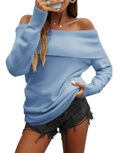 Image of Women's Off The Shoulder Sweater Spring Loose Long Sleeve Knit Casual Pullover Tops Outfits (Blue-S)