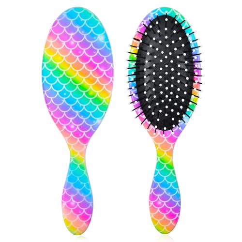 Girls Wet Dry Detangle Brush for Curly, Thick Hair - Pain Free Brush for Women (Rainbow Mermaid)