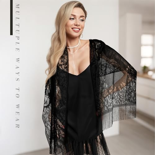 Patelai 3 Pcs Lace Shawls and Wraps for Evening Dresses Scarfs Women Fringe Scarf for 1920s Party Wedding Costume2