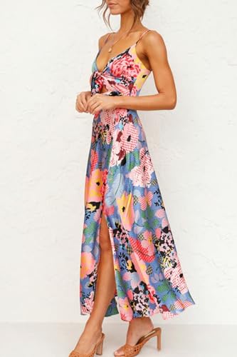 Image of Fashionme Women Spaghetti Strap Midi Satin Dresses Tie Front Backless Slit Cutout Dress Semi-Formal /Casual Flowy Lightweight