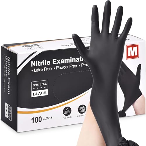 Fusion Vibes Black Nitrile Disposable Gloves - Latex Free, Powder Free, Exam, Surgical, Cleaning, Food Gloves - Extra Strong, Multi-Purpose, Black (M, 100, count)