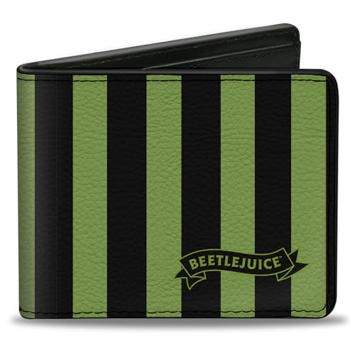 Beetlejuice Wallet, Bifold, Beetlejuice Chibi Characters and Spider Webs Collage Greens, Vegan Leather