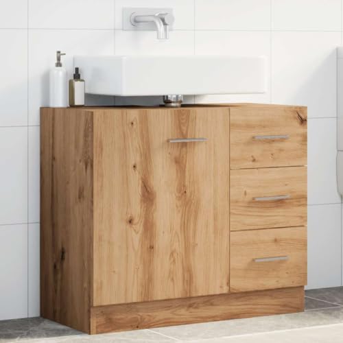 SooIarix Armario para lavabo de roble Artisan, 63 x 30 x 54 cm, mueble de baño con 3 cajones y puerta, resistente a la humedad