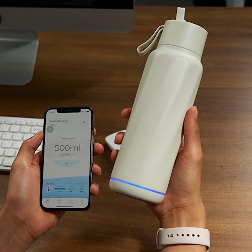 Waterh Insulated Smart Water Bottles With Straw, Intake Tracker, Water Safety Analyzer, Led Reminder, Bpa Free, 18 Oz Double Wall Vacuum Stainless Steel Thermos (Flip Lid + Straw, Ivory White) #TOP2