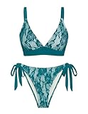 seamoly 2 Pieces Lace Bikini V-Neck Swimsuits for Women Tie Side Bikini Set Peacock Green M