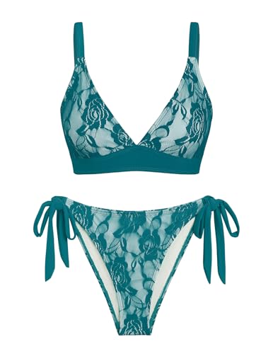 Image of seamoly Women's Bikini Sets Halter Neck Crochet Colorblock Two Piece Swimsuits Open Back Sexy High Cut Thong Bathing Suit