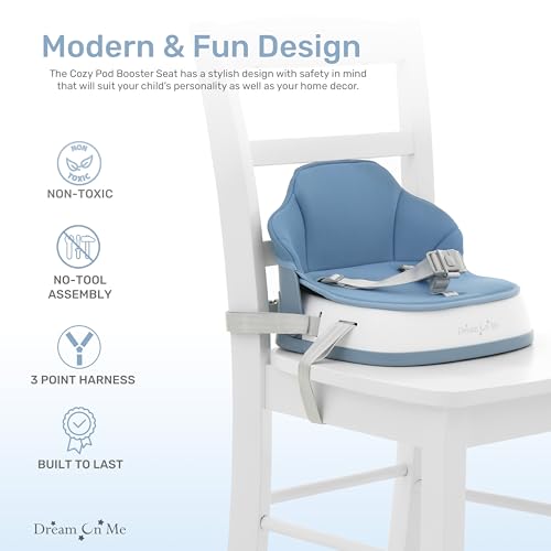 Image of Dream On Me Cozy Pod Baby Booster Seat for 6-36 Months, Portable Travel Booster Chair with 3-Point Safety Harness & 2 Fixing Belts, for Table & Dining, Lightweight Foldable & Easy to Carry - Blue