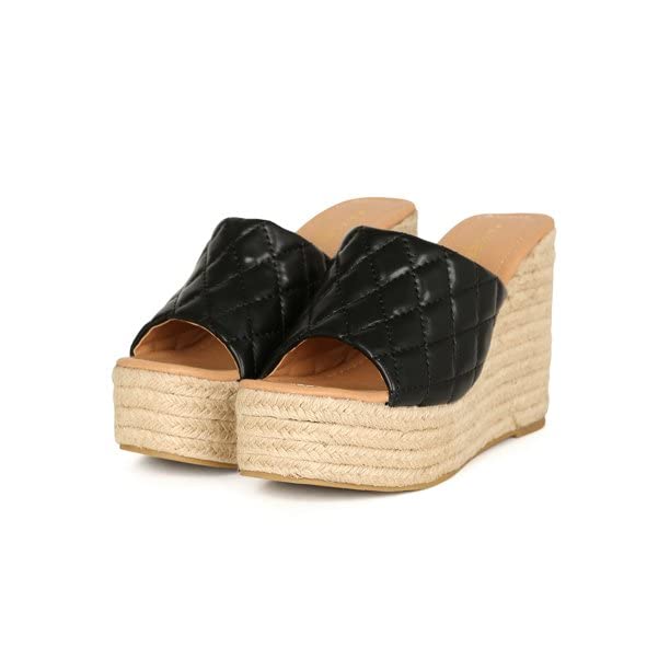Photo 1 of HeartThentic Square Toe Wedge Platform Heel Open Toe Quilted Vamp Espadrille Spring Summer Lightweight Vegan Leather Wedge Mules by Kayleen Black Leatherette - 6