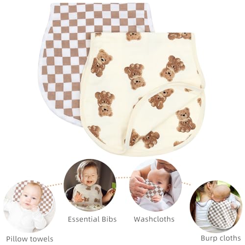 LifeTree Muslin Baby Burp Cloths - 2 Pack 70% Viscose from Bamboo and 30% Cotton Large 22'' by 10'' Absorbent Milk Spit Up Rags - Burping Cloths for Newborn, Girls Boys, Bear and Checkered2