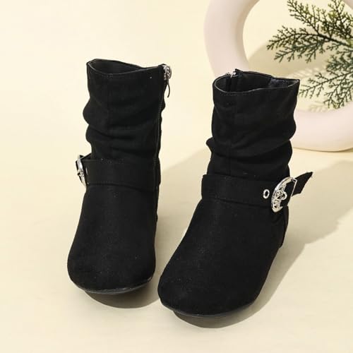 Ankle Boots for Girls Kid's Buckle Zipper Flat Heel Mid Calf Slouchy Boot Slip On Casual Boots Round Toe Non Slip Riding Boot for Fall Winter Spring Outdoor4