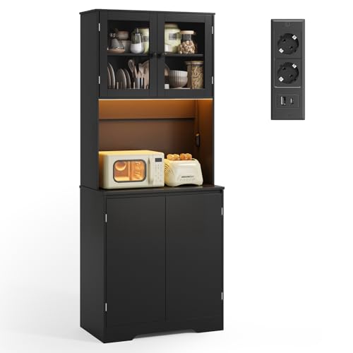 Xbro Buffet Haut Cuisine Vaisselier avec Plan de Travail, Meuble de Rangement avec LED et Prises Électriques, 4 Portes Dont Portes en Verre, Étagères...