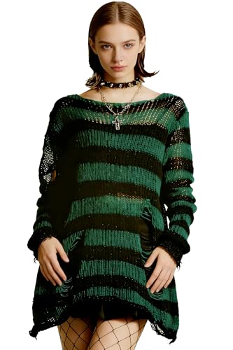 Image of Goth Y2K Striped Sweater Grunge Ripped Punk Gothic Sweaters for Women