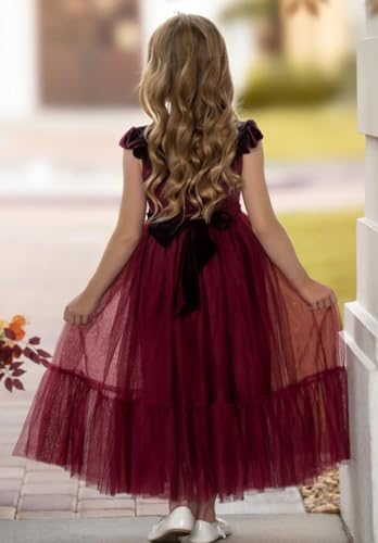 Toddler Velvet Ruffle Sleeve Dress Flower Girl Dress for Evening Party Holiday Dress T0524