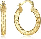 Alekiddy 14K Gold Hoop Earrings for Women,Gold Earrings for Women Hand Engraved Diamond-Cut Round Hoop Earrings (30mm) (30mm)