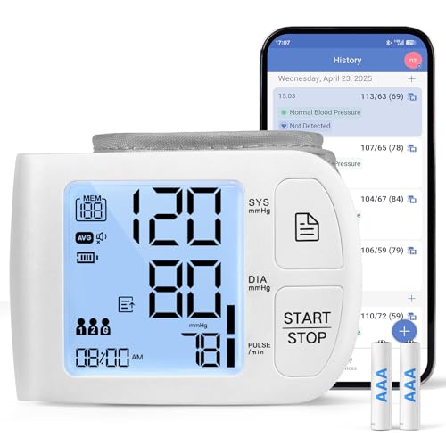 Blood Pressure Monitor Bluetooth Compatible for iOS & Android BP Machine 199x2 Readings Wrist Cuff 5.31-8.46 inch Voice Broadcast Batteries Included with Carrying Case, White
