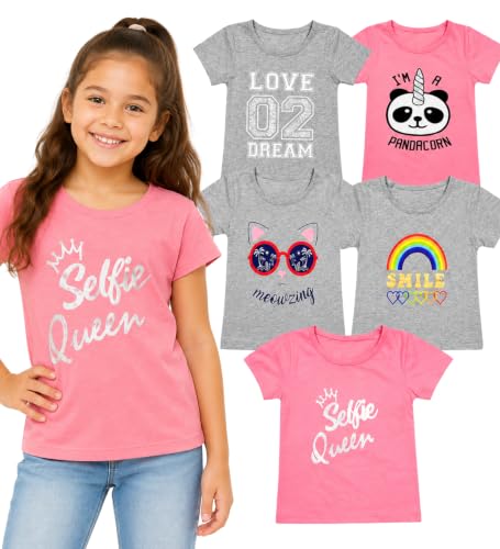 Image of MISS POPULAR Girls 5-Pack Printed T-Shirts, Pink Grey Short Sleeve, Crew Neck. Unicorn, Panda, Selfie, Rainbow. Size 4-16