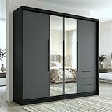 A&J MöbelLand VIVO Kleiderschrank 4 türig mit Spiegel und Schubladen – 200 x 215 cm – Drehtürenschrank mit Kleiderstange und Einlegeböden