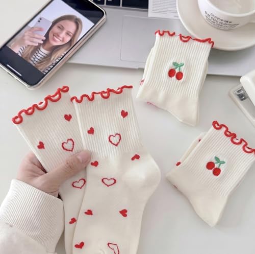 Image of Women's Cute Crew Socks, Casual Athletic Cotton Bowknot Cherry Calf Novelty Socks for Women