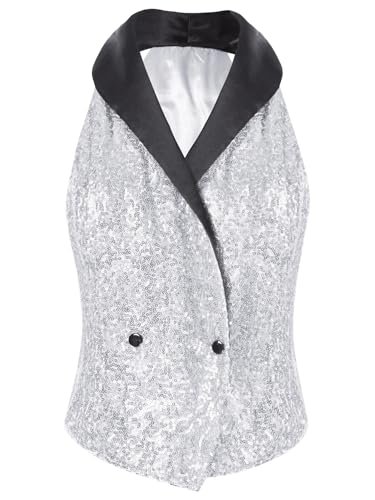 Womens Sequin Waistcoat Vest Dressy Sparkly Suit Vest Sleeveless Bling Party Christmas V-Neck Top