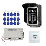 FUSYTULY Waterproof Door Access Control System Kit RFID Keypad 125KHz Card Reader + DC12V 3A Power Supply + Rainproof Cover + 15pcs EM Keyfobs, Without Electric Locks
