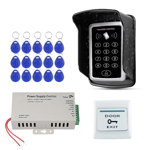 FUSYTULY Kit de Sistema de Control de Acceso de Puerta Impermeable Teclado RFID Lector de Tarjetas 125KHz + Fuente de Alimentación DC12V 3A + 15pcs Llavero, Sin Cerraduras Eléctricas