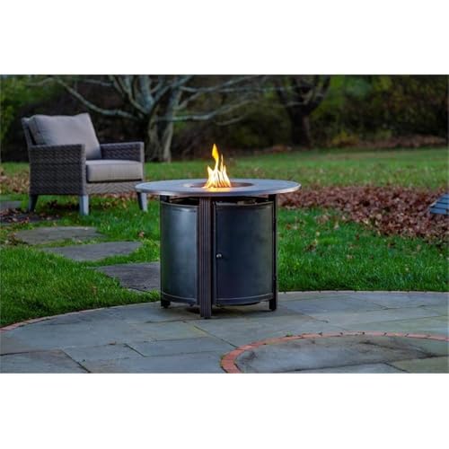 Pemberly Row 34" Round Aluminum Gas Fire Pit Chat Table, Topaz Gray Finish, 37,000 BTU Output, Weather-Resistant Outdoor Table with Stainless Steel Burner, Clear Fire Glass, Multi-Function Aluminum - Image 2
