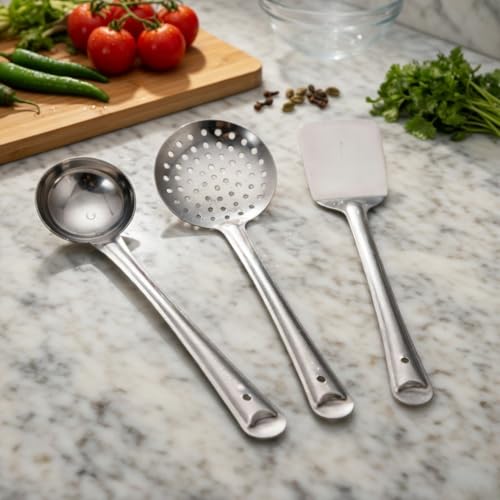 Image of Ajay's Shoppe Stainless Steel Kitchen Spoon Set of 3 | Ladle, Skimmer & Turner Set | Heavy Duty Cooking Tools for Home Kitchen