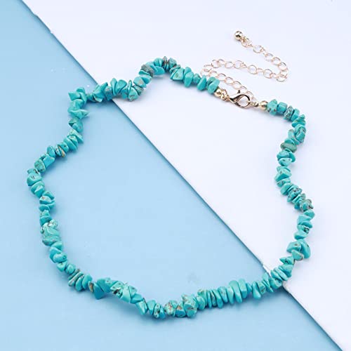 Boho Turquoise Bead Choker Necklace Short Irregular Turquoise Necklaces Blue Gemstone Beaded Necklaces Natural Stone Necklace Chain Jewelry for Women4