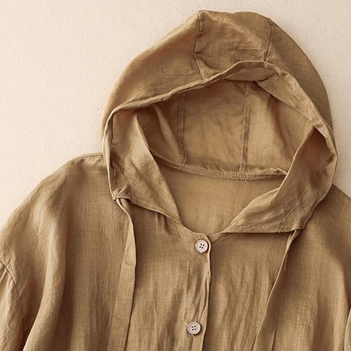 Mzkdieey Women Cotton Linen Sun Protection Hoodie Jacket Drawstring Long Sleeve Button Down Blouse Oversized Hooded Cover Ups2