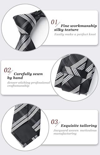 Image of HISDERN Ties for Men Stripe Plaid Tie Classic Necktie Pocket Square Cufflinks Set for Formal Wedding Business Party