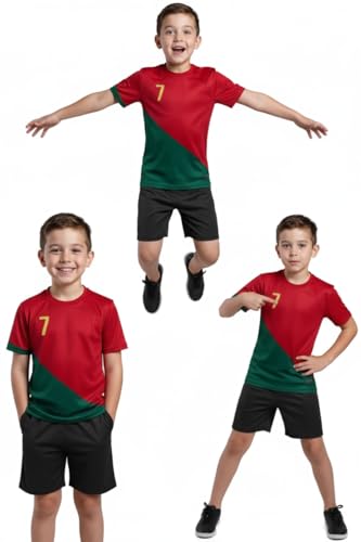 Image of Sports Soccer Football Portugal Jersey Ronaldo 7 Home Away Kit Jersey T-Shirt with Black Shorts(Kid's,Boy's & Men) M2