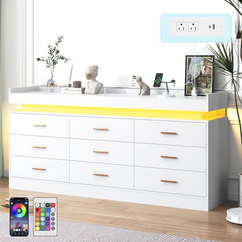 Image of jiteentarou 9 Drawer Dresser with Charging Station and LED Lights, Modern Chest of Drawers with Power Outlet, Organizer Cabinet for Bedroom, Living Room, Entryway, White