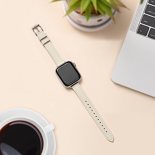 Image of STIROLL Slim Leather Bands Compatible with Apple Watch Band 38mm 40mm 41mm 42mm 44mm 45mm 49mm, Top Grain Leather Watch Thin Wristband for iWatch Ultra SE Series 9 /8 /7 /6 /5 /4 /3 /2 /1 (Beige with