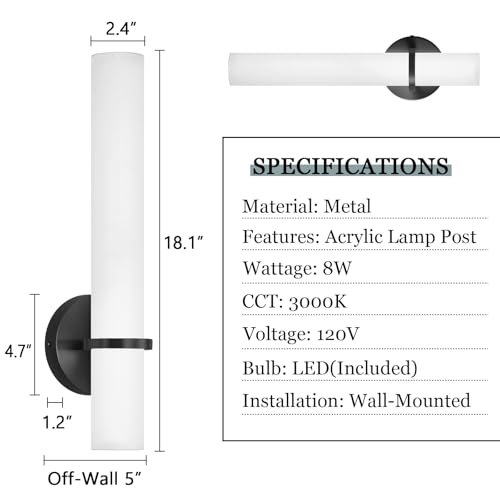 Image of LED Dimming Wall Sconces 8W, 3000K Warm Lights Dimmable, White Lampshade Bathroom Vanity Lighting Wall Light Fixtures for Bedroom Dining Living Hallway, Black