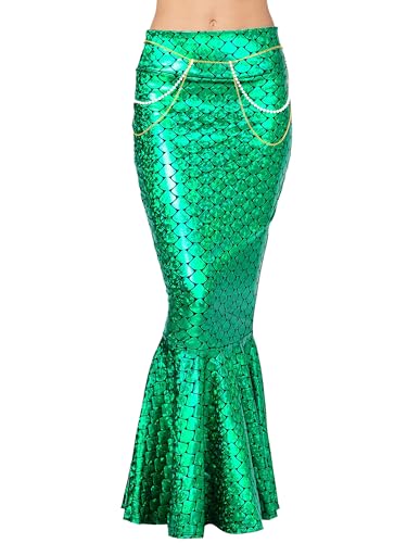 Halloween-Meerjungfrauenkostüm für Damen glitzernd hohe Taille figurbetont Fischschwanz Maxirock mit Perlenkette für Karneval Mottoparty (A-Grün L)