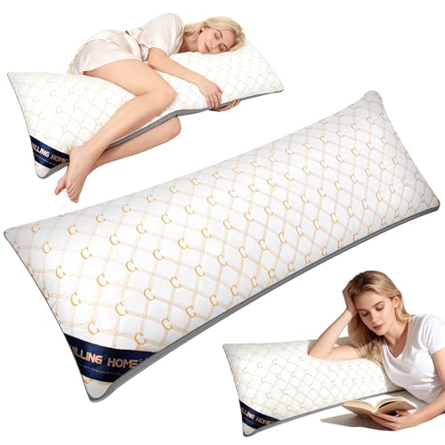 Chilling Home Seitenschläferkissen mit Bezug, Bestickte Schwangerschaftskissen Body Pillow, 137 x 53 cm Stillkissen Langes Kissen für Seitenschläfer(Weiß-Gold)