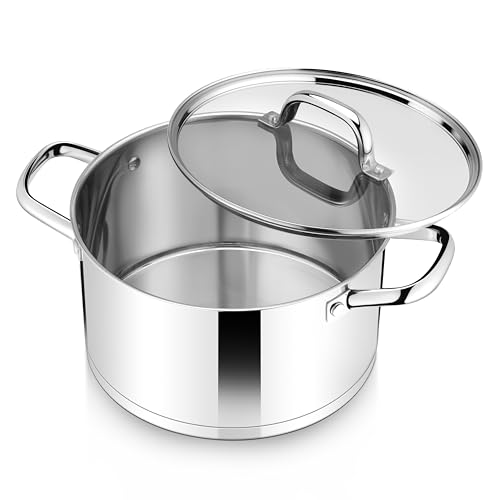 Herogo 4.5L Stock Pot, Stainless Steel Soup Pot with Clear Visible Lid, 22cm Induction Stockpot for Soup, Tri-Ply Bottom for All Stoves, Heavy Duty For Stewing/Cooking, U-shaped Handle, Silver