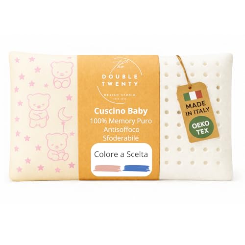 The Double Twenty Cuscino Baby in Memory Foam, ideale per culla e Bambini fino a 5 anni, Federa ipoallergenica,Modello a Saponetta forata Antisoffoco (Rosa)