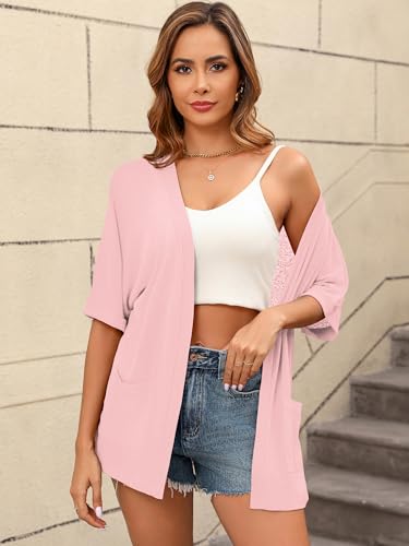 Image of Women's Lightweight Open Front Cardigans Short Sleeve Casual Soft Sheer Cardigan S-2XL with Pockets