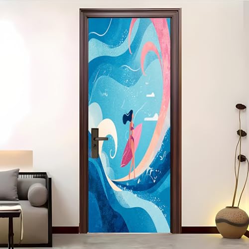 Pegatinas Para Puertas Autoadhesivo 86x200 cm Tema De Surf En El OcéAno Pegatinas Para Puertas Azul 3D Pegatinas Impermeables ExtraíBles Adecuado, DecoracióN Del Hogar