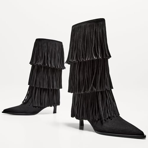 Fringe Boots Mid Calf Boots for Women Pointed Toe Kitten Heel Suede Boots Pull On Fashion Casual Dress Boot wits Tassels4