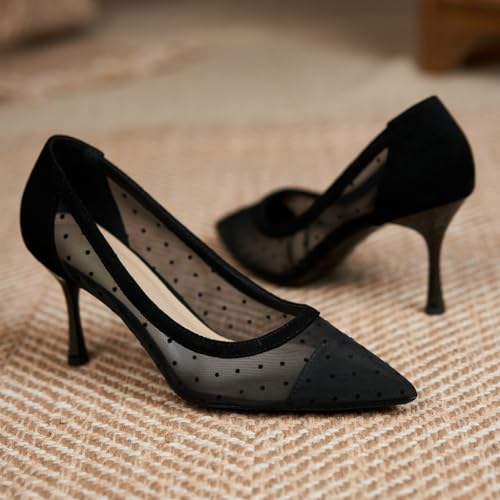 DINTAHA Womens Black Mesh Polka Dot Kitten Heels Low Heel Pointed Toe Pumps Low Heel Dress Office Shoes2