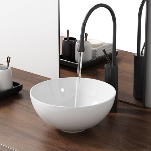 13 Inch Round Bathroom Bowl Sink Above Counter, QISHKA Small White Ceramic Vanity Vessel Sink - 13' x 13' Countertop Circle Art Basin for Space-Saving