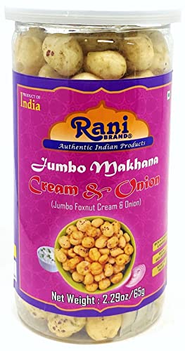 Image of Rani Jumbo Phool Makhana (Fox Nut /Popped Lotus Seed) Cream & Onion Flavor 2.29oz (65g) Vacuum Sealed, Easy Open Top, Resealable Container ~ Indian Tasty Treats | Vegan | NON-GMO | Indian Origin